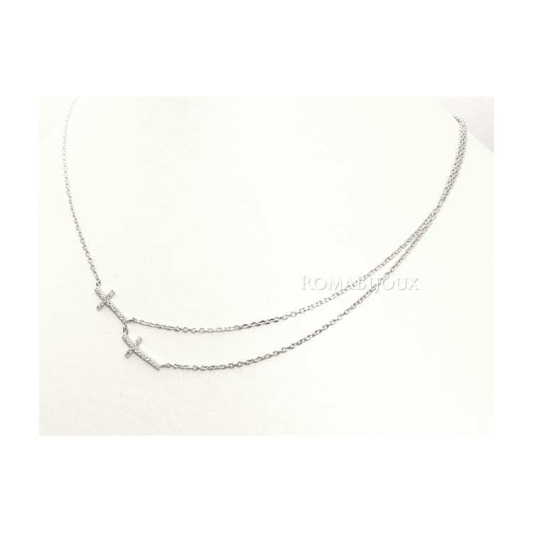RMB|Argento 925 : Collana Collier donna o uomo doppia catena e 2 croci pavè zirconi bianchi