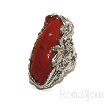 RMB|Argento 925 : grande anello donna barocco regolabile realizzato a mano con corallo verace rosso naturale