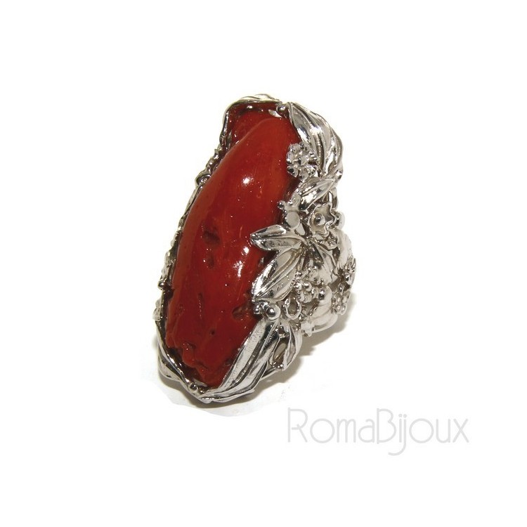 RMB|Argento 925 : grande anello donna barocco regolabile realizzato a mano con corallo verace rosso naturale