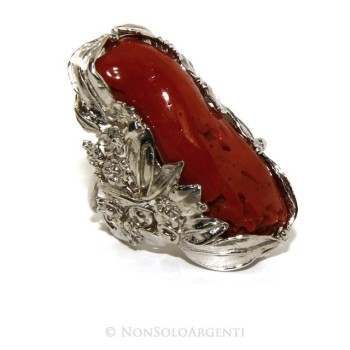 RMB|Argento 925 : grande anello donna barocco regolabile realizzato a mano con corallo verace rosso naturale