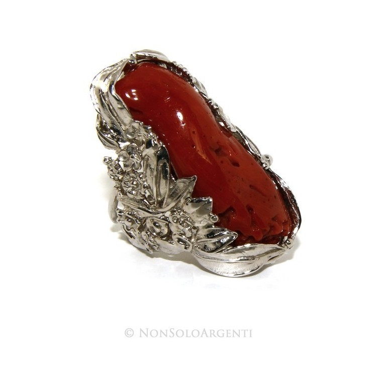 RMB|Argento 925 : grande anello donna barocco regolabile realizzato a mano con corallo verace rosso naturale