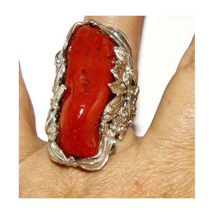 RMB|Argento 925 : grande anello donna barocco regolabile realizzato a mano con corallo verace rosso naturale