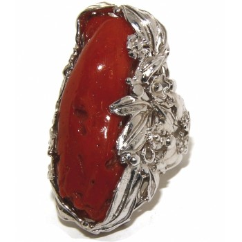 RMB|anello grande corallo argento 925  barocco regolabile naturale rosso