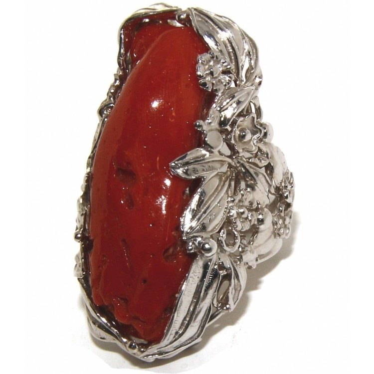 RMB|anello grande corallo argento 925  barocco regolabile naturale rosso