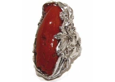 RMB|anello grande corallo argento 925  barocco regolabile naturale rosso