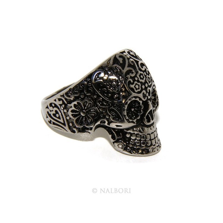 RMB|Hypoallergenic stainless steel: Mexican skull ring man woman skull 3D burnished