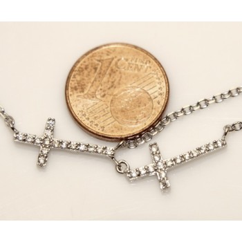 RMB|Argento 925 : Collana Collier donna o uomo doppia catena e 2 croci pavè zirconi bianchi