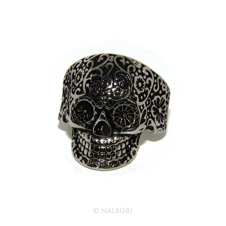 RMB|Hypoallergenic stainless steel: Mexican skull ring man woman skull 3D burnished