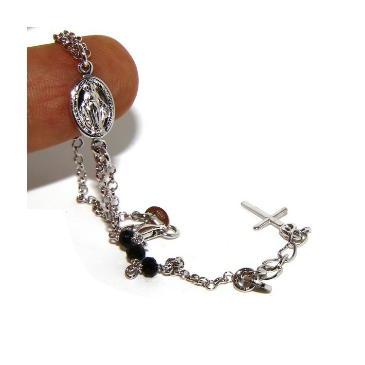 RMB|Bracciale rosario uomo donna in Argento 925 madonna miracolosa , croce e cristallo nero 16,00 18,50 cm