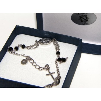 RMB|Bracciale rosario uomo donna in Argento 925 madonna miracolosa , croce e cristallo nero 16,00 18,50 cm