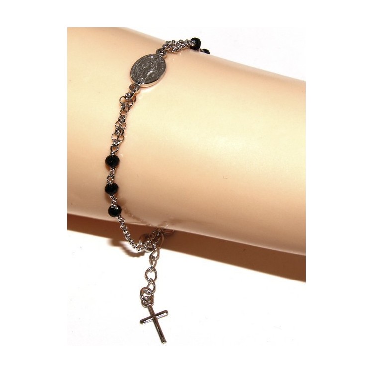 RMB|Bracciale rosario uomo donna in Argento 925 madonna miracolosa , croce e cristallo nero 16,00 18,50 cm