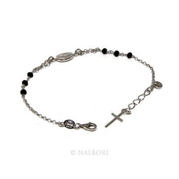 RMB|Bracciale rosario uomo donna in Argento 925 madonna miracolosa , croce e cristallo nero 16,00 18,50 cm