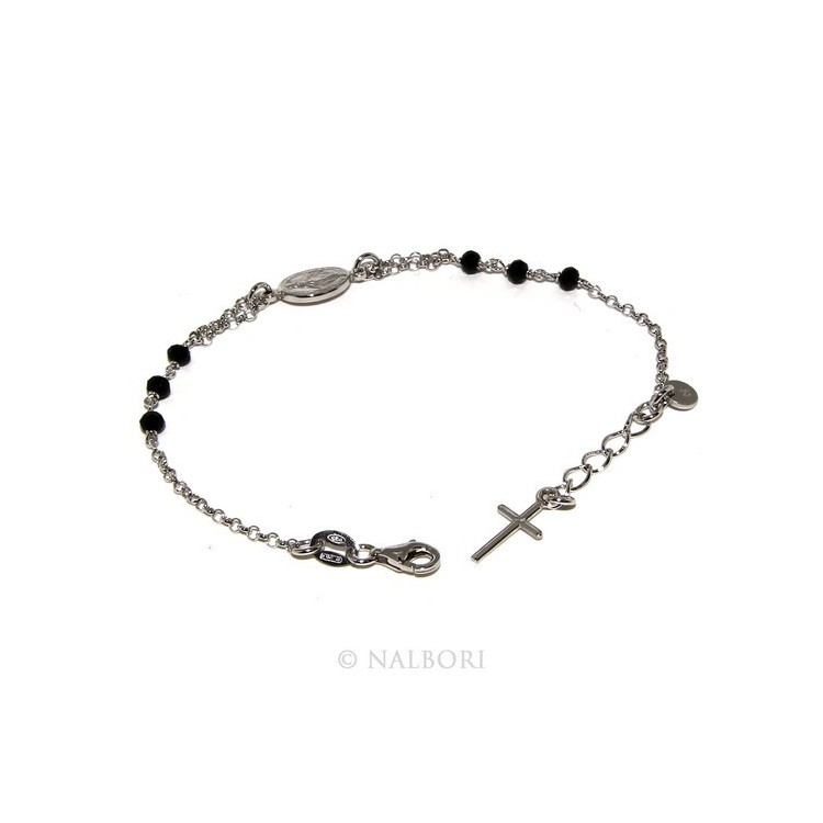 RMB|Bracciale rosario uomo donna in Argento 925 madonna miracolosa , croce e cristallo nero 16,00 18,50 cm