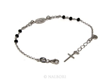 RMB|Bracciale rosario uomo donna in Argento 925 madonna miracolosa , croce e cristallo nero 16,00 18,50 cm