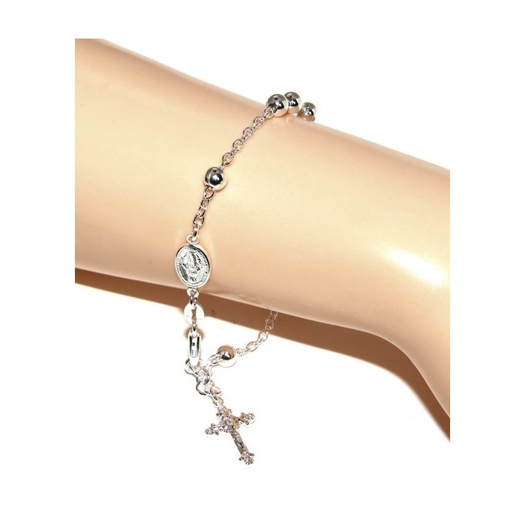 RMB|Rosary bracelet male female 925 sterling silver cross worked 18-19 cm balls 5 mm clear