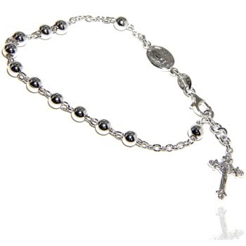 RMB|Bracciale rosario uomo donna in Argento 925 croce lavorata 18-19 cm palline da 5 mm chiaro