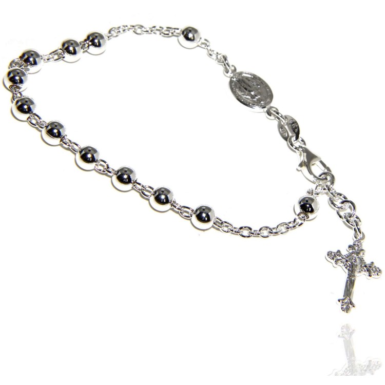 RMB|Bracciale rosario uomo donna in Argento 925 croce lavorata 18-19 cm palline da 5 mm chiaro