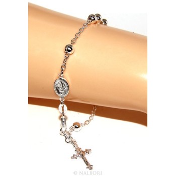 RMB|Rosary bracelet male female 925 sterling silver cross worked 18-19 cm balls 5mm rhodium