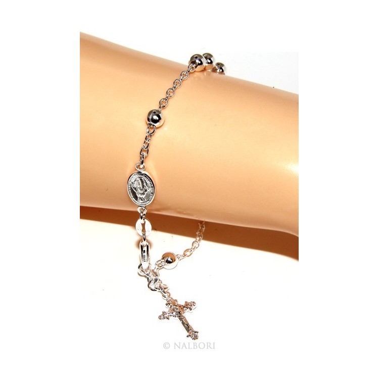RMB|Rosary bracelet male female 925 sterling silver cross worked 18-19 cm balls 5mm rhodium