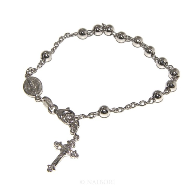 RMB|Bracciale rosario Argento 925 croce lavorata 18-19 cm palline da 5 mm rodiato
