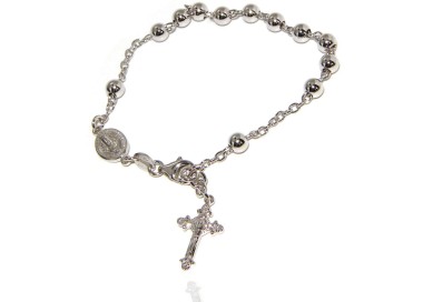 RMB|Bracciale rosario Argento 925 croce lavorata 18-19 cm palline da 5 mm rodiato