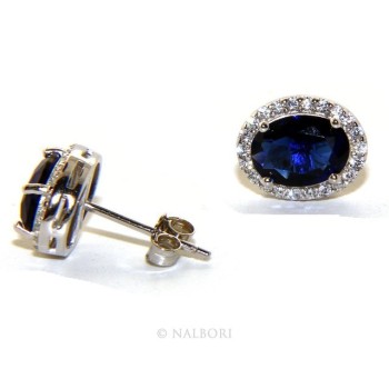 RMB|925: woman stud earrings oval button stone cubic zirconia blue cornflower blue sapphire 10x8