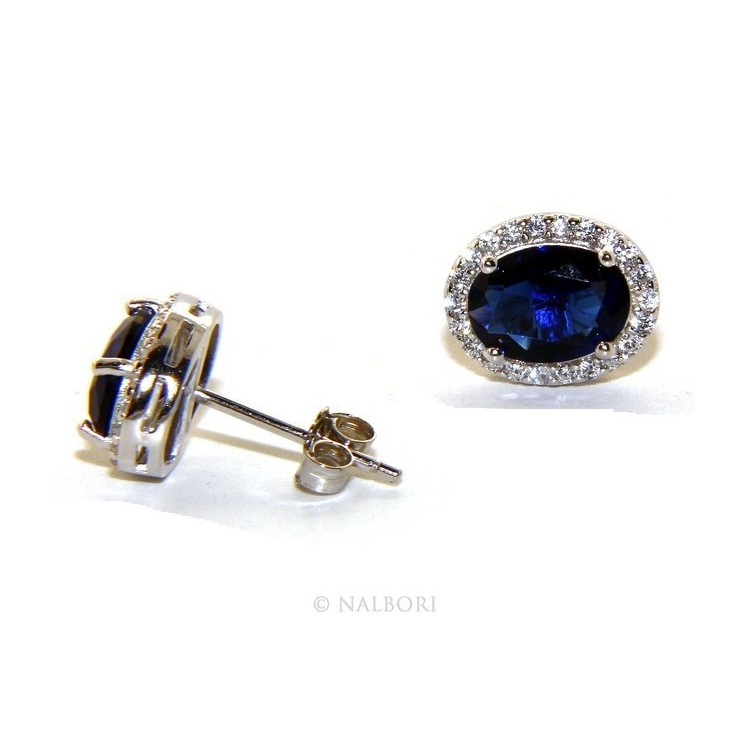 RMB|Argento 925 : orecchini donna stud bottone oval pietra zirconia cubica blue sapphire bluette 10x8