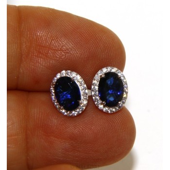 RMB|Argento 925 : orecchini donna stud bottone oval pietra zirconia cubica blue sapphire bluette 10x8