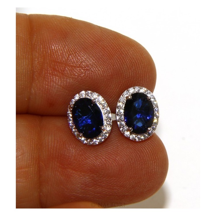 RMB|Argento 925 : orecchini donna stud bottone oval pietra zirconia cubica blue sapphire bluette 10x8