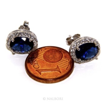 RMB|Argento 925 : orecchini donna stud bottone oval pietra zirconia cubica blue sapphire bluette 10x8