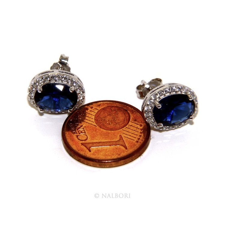 RMB|Argento 925 : orecchini donna stud bottone oval pietra zirconia cubica blue sapphire bluette 10x8