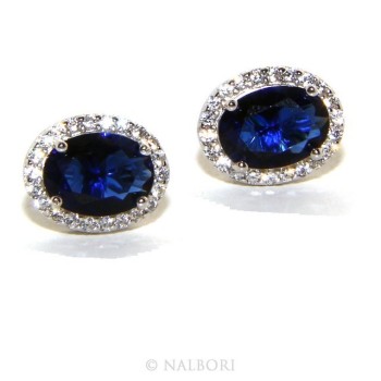 RMB|Argento 925 : orecchini donna stud bottone oval pietra zirconia cubica blue sapphire bluette 10x8