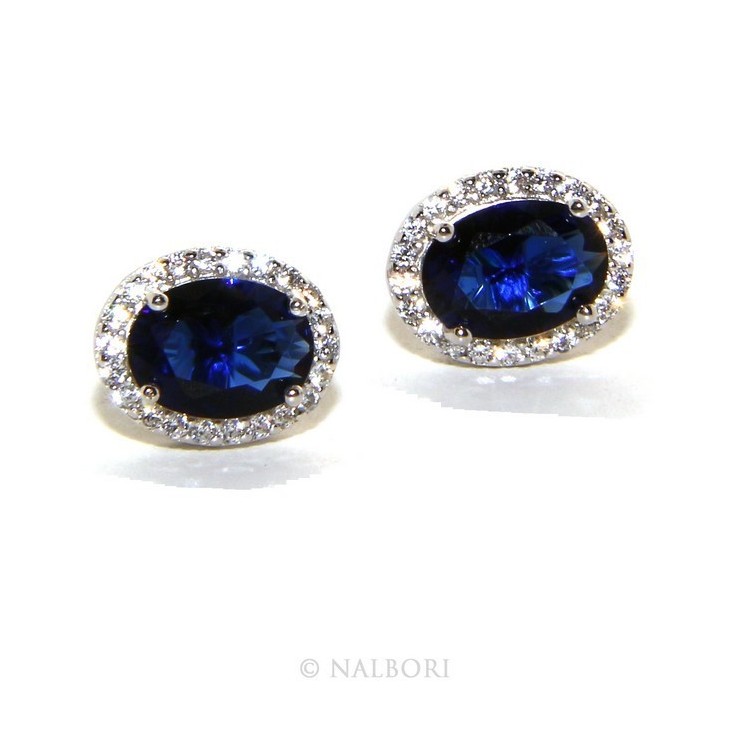 RMB|Argento 925 : orecchini donna stud bottone oval pietra zirconia cubica blue sapphire bluette 10x8