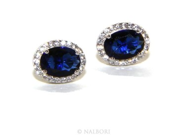 RMB|Argento 925 : orecchini donna stud bottone oval pietra zirconia cubica blue sapphire bluette 10x8