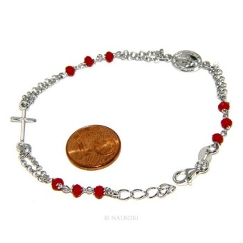 RMB|Bracciale rosario uomo donna in Argento 925 madonna , croce e cristallo rosso 16,00 18,50 cm