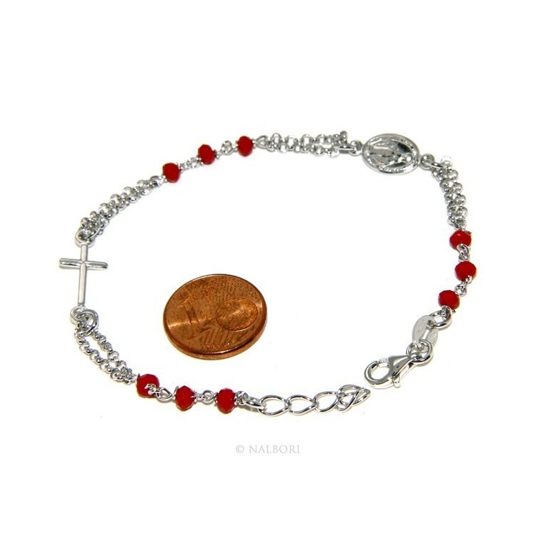 RMB|Bracciale rosario uomo donna in Argento 925 madonna , croce e cristallo rosso 16,00 18,50 cm