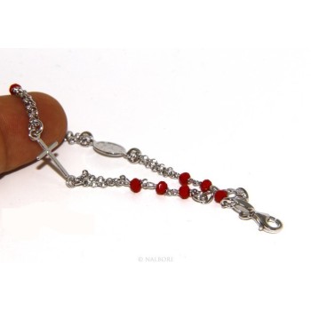 RMB|Bracciale rosario uomo donna in Argento 925 madonna , croce e cristallo rosso 16,00 18,50 cm