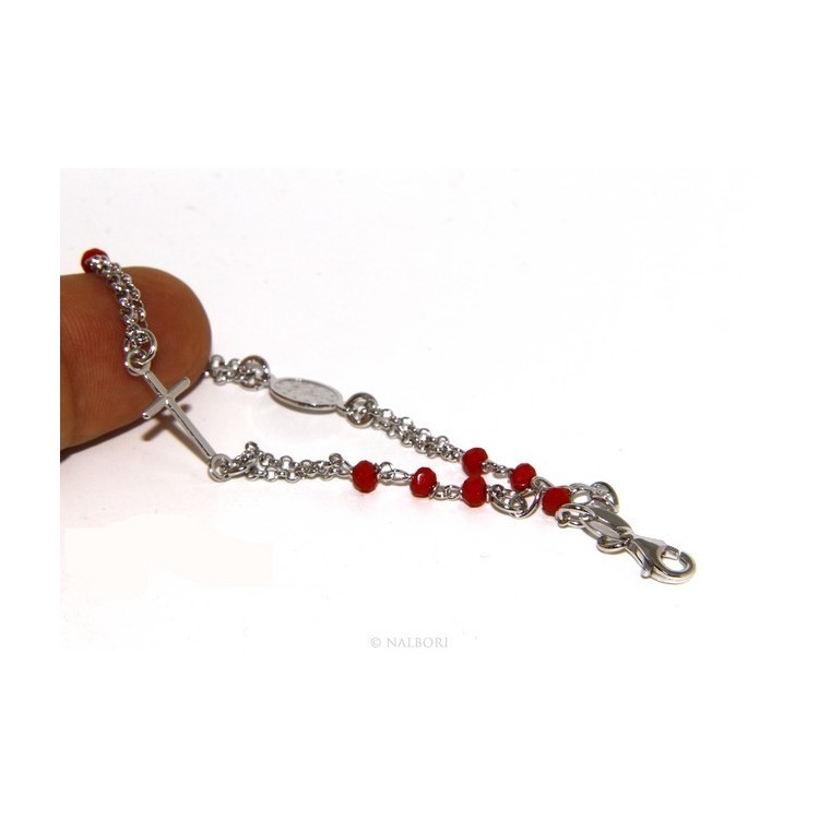 RMB|Rosary bracelet male female 925 madonna, cross and red crystal 16.00 18.50 cm