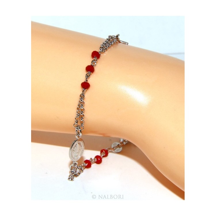 RMB|Bracciale rosario uomo donna in Argento 925 madonna , croce e cristallo rosso 16,00 18,50 cm