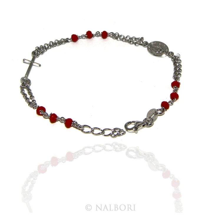 RMB|Bracciale rosario uomo donna in Argento 925 madonna , croce e cristallo rosso 16,00 18,50 cm