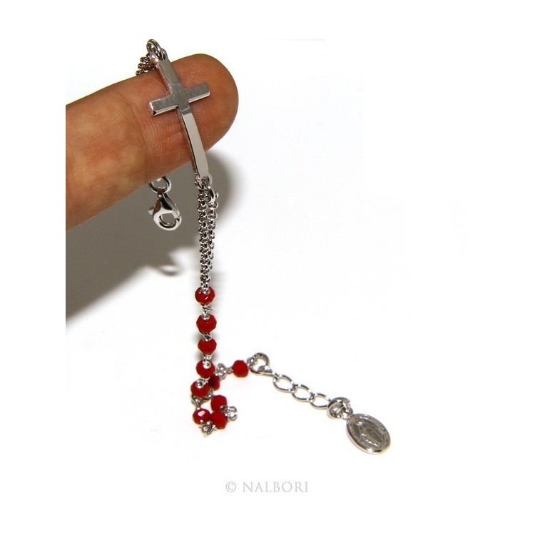 RMB|Rosary bracelet male female 925 madonna, curved cross and red crystal 15.00 17.50 cm