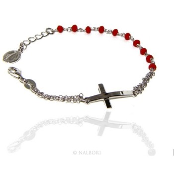 RMB|Bracciale rosario uomo donna in Argento 925 madonna , croce curva e cristallo rosso 15,00 17,50 cm