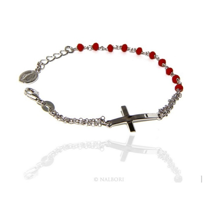 RMB|Bracciale rosario uomo donna in Argento 925 madonna , croce curva e cristallo rosso 15,00 17,50 cm