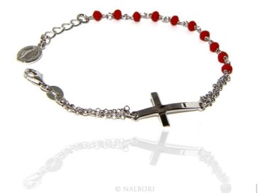 RMB|Bracciale rosario uomo donna in Argento 925 madonna , croce curva e cristallo rosso 15,00 17,50 cm