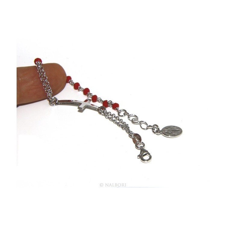 RMB|Bracciale rosario uomo donna in Argento 925 madonna , croce curva e cristallo rosso 15,00 17,50 cm