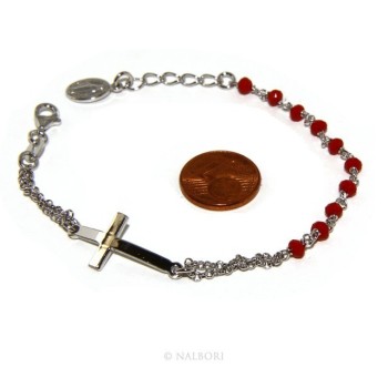 RMB|Bracciale rosario uomo donna in Argento 925 madonna , croce curva e cristallo rosso 15,00 17,50 cm
