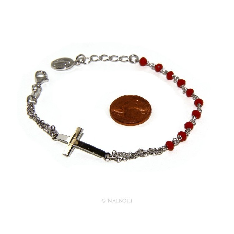 RMB|Bracciale rosario uomo donna in Argento 925 madonna , croce curva e cristallo rosso 15,00 17,50 cm