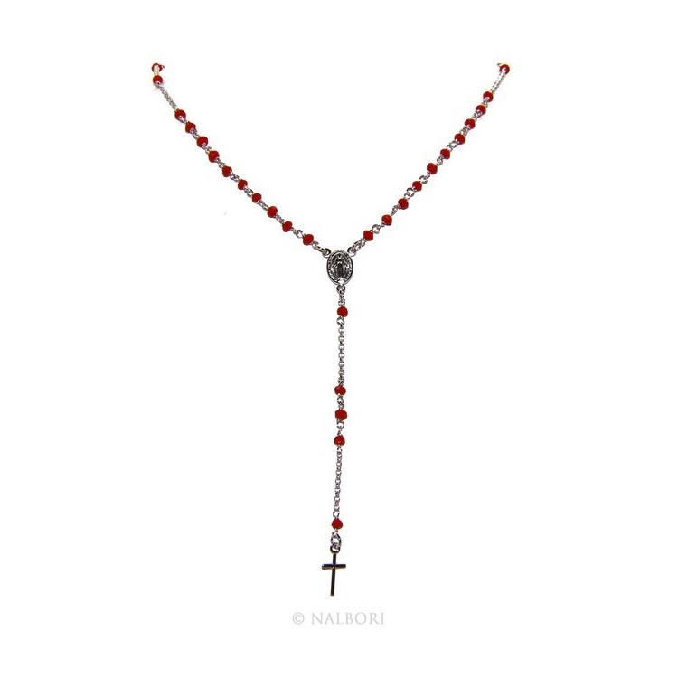 RMB|Rosary necklace man 925 With red crystal 3.5mm cross and madonna 51 + 5