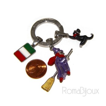 RMB|Portachiavi uomo donna Befana con scopa volante gatto nero smalto a fuoco realizzato a mano , tutto Argento 925 amuleto