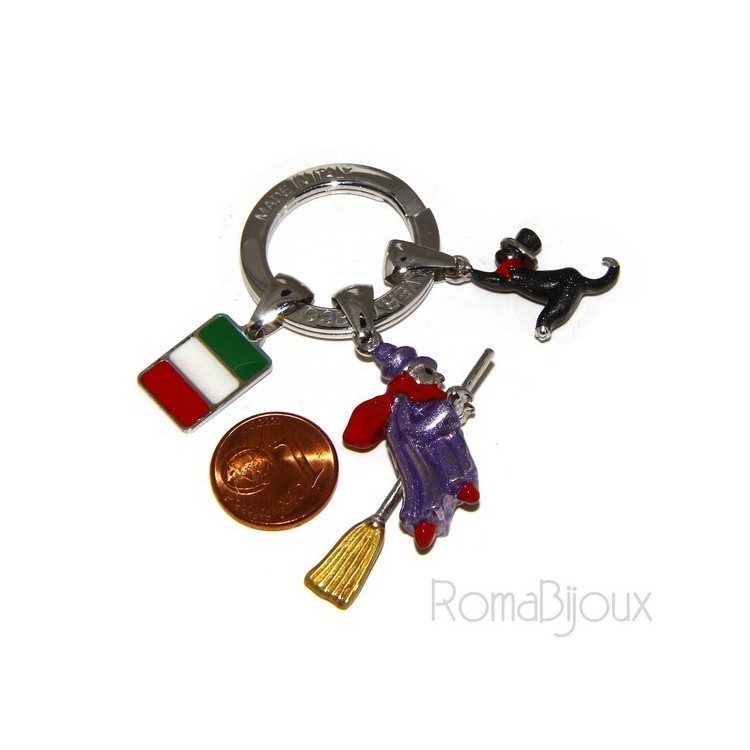 RMB|Portachiavi uomo donna Befana con scopa volante gatto nero smalto a fuoco realizzato a mano , tutto Argento 925 amuleto